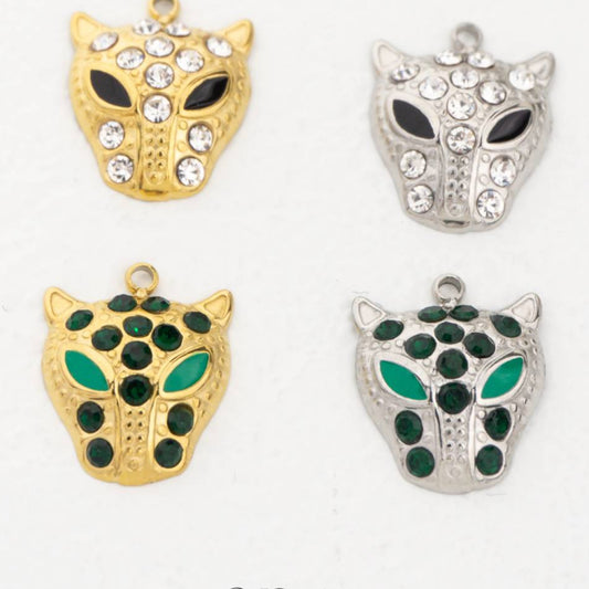 (16mm) Green Black Eyed Leopard Panther Charm Stainless Steel PVD Gold Plated Liontin Hewan Harimau Macan Jaguar Hypoallergenic