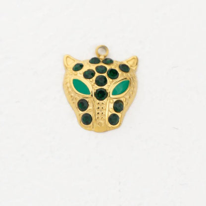 (16mm) Green Black Eyed Leopard Panther Charm Stainless Steel PVD Gold Plated Liontin Hewan Harimau Macan Jaguar Hypoallergenic