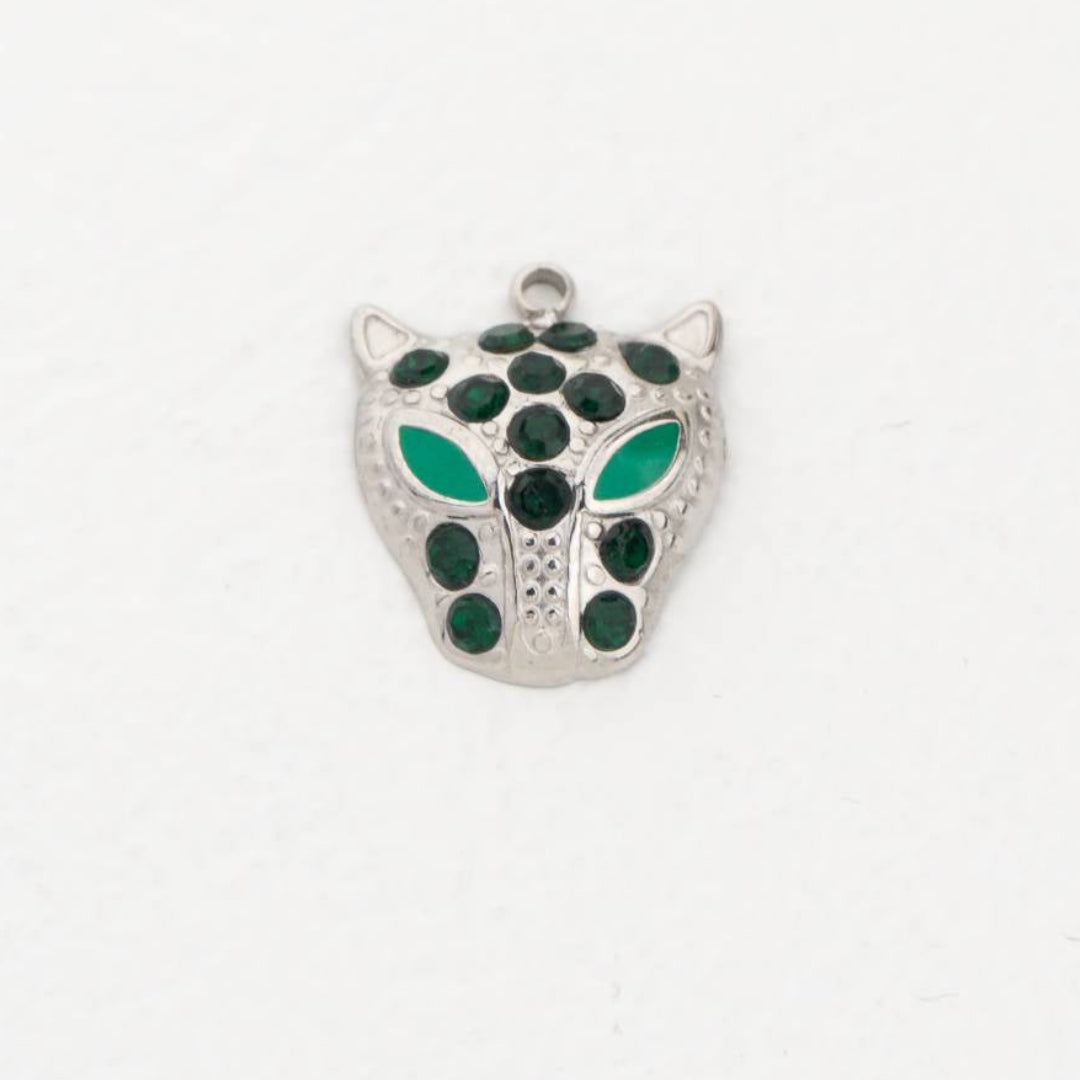 (16mm) Green Black Eyed Leopard Panther Charm Stainless Steel PVD Gold Plated Liontin Hewan Harimau Macan Jaguar Hypoallergenic