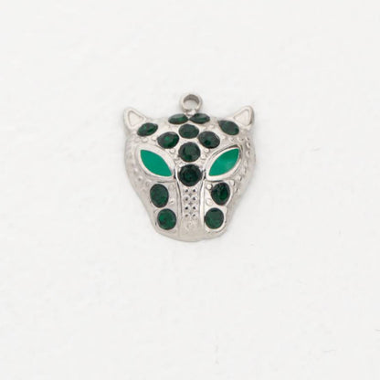 (16mm) Green Black Eyed Leopard Panther Charm Stainless Steel PVD Gold Plated Liontin Hewan Harimau Macan Jaguar Hypoallergenic