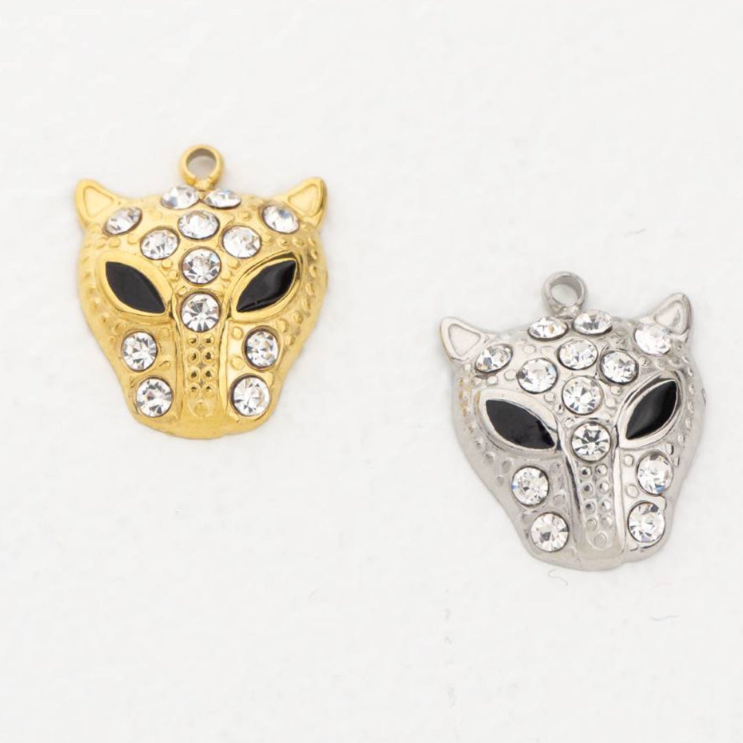 (16mm) Green Black Eyed Leopard Panther Charm Stainless Steel PVD Gold Plated Liontin Hewan Harimau Macan Jaguar Hypoallergenic