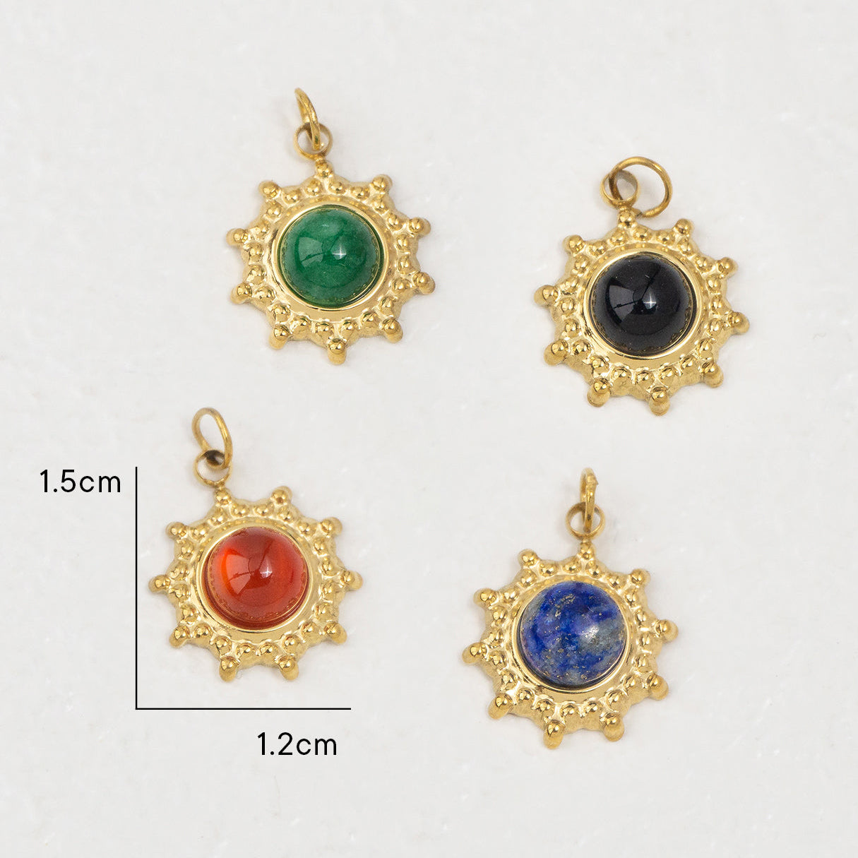 (15mm) Vintage Sunburst Natural Gemstones Charm Stainless Steel PVD Gold Plated Liontin Matahari Batu Alam Hypoallergenic