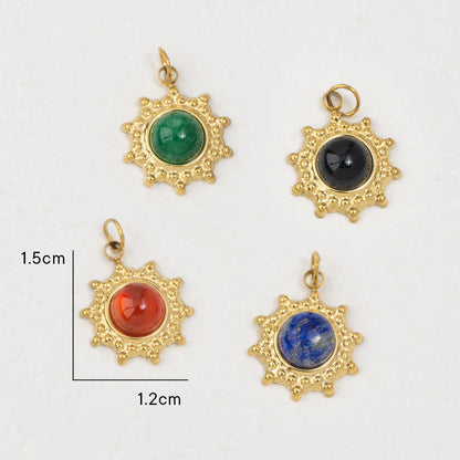(15mm) Vintage Sunburst Natural Gemstones Charm Stainless Steel PVD Gold Plated Liontin Matahari Batu Alam Hypoallergenic