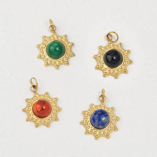 (15mm) Vintage Sunburst Natural Gemstones Charm Stainless Steel PVD Gold Plated Liontin Matahari Batu Alam Hypoallergenic
