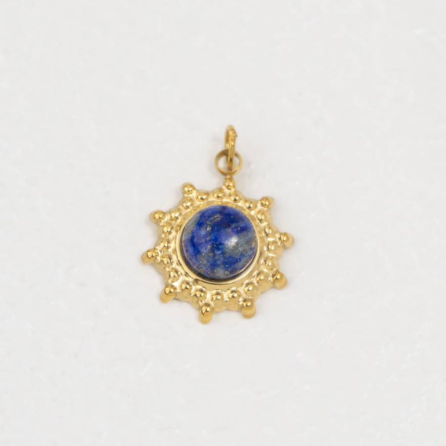 (15mm) Vintage Sunburst Natural Gemstones Charm Stainless Steel PVD Gold Plated Liontin Matahari Batu Alam Hypoallergenic