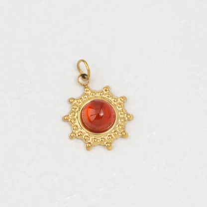 (15mm) Vintage Sunburst Natural Gemstones Charm Stainless Steel PVD Gold Plated Liontin Matahari Batu Alam Hypoallergenic