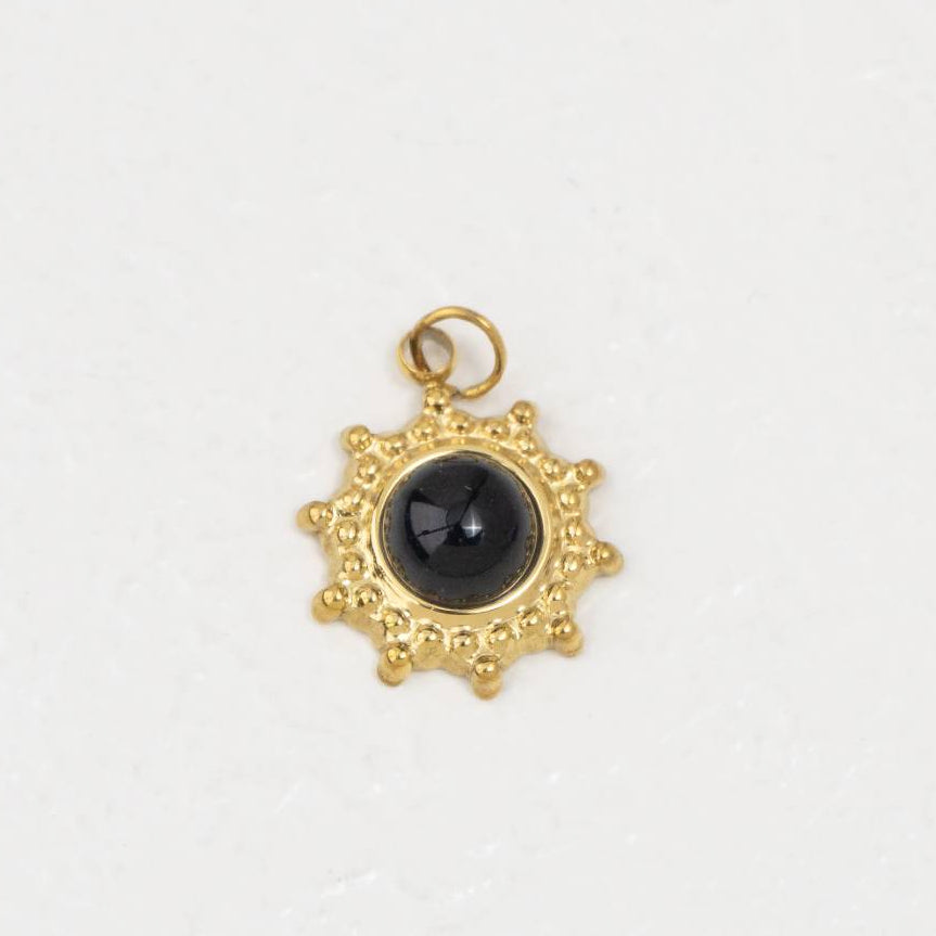(15mm) Vintage Sunburst Natural Gemstones Charm Stainless Steel PVD Gold Plated Liontin Matahari Batu Alam Hypoallergenic