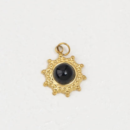 (15mm) Vintage Sunburst Natural Gemstones Charm Stainless Steel PVD Gold Plated Liontin Matahari Batu Alam Hypoallergenic