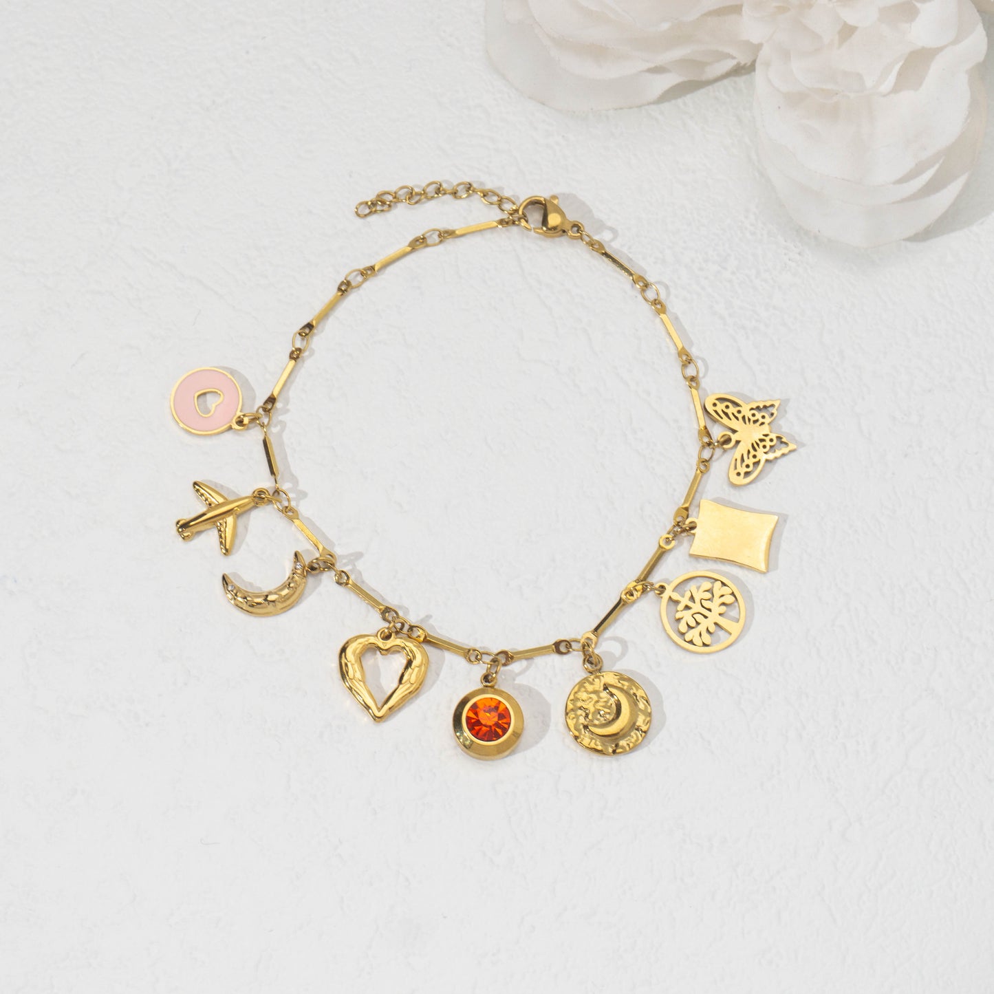 (20.5+4cm) Multi-Charm Paperclip Link Chain Bracelet Stainless Steel PVD Gold Plated Gelang dengan 9 Liontin Hypoallergenic