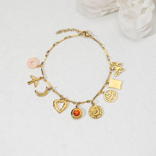 (20.5+4cm) Multi-Charm Paperclip Link Chain Bracelet Stainless Steel PVD Gold Plated Gelang dengan 9 Liontin Hypoallergenic