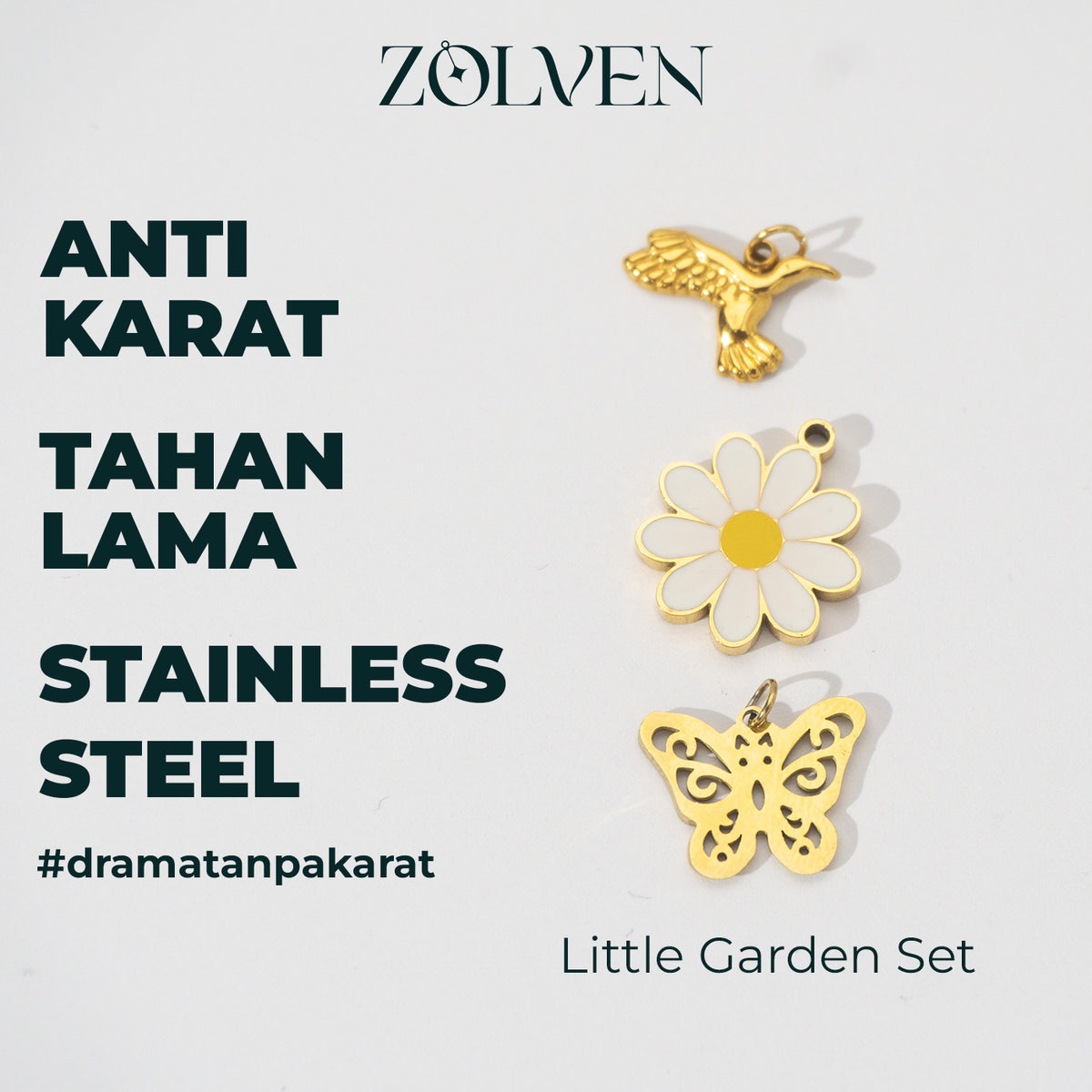 Secret Garden Blooming Set Collection Charm Stainless Steel PVD Gold Plated Set Liontin Koleksi Bunga Kupu - Kupu Taman Hypoallergenic