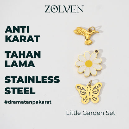 Secret Garden Blooming Set Collection Charm Stainless Steel PVD Gold Plated Set Liontin Koleksi Bunga Kupu - Kupu Taman Hypoallergenic