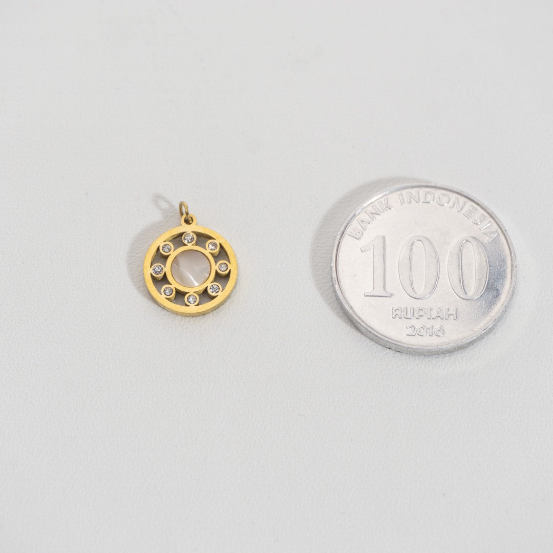 Vintage MOP Round Charm Stainless Steel PVD Gold Plated Liontin Bulat MOP Hypoallergenic