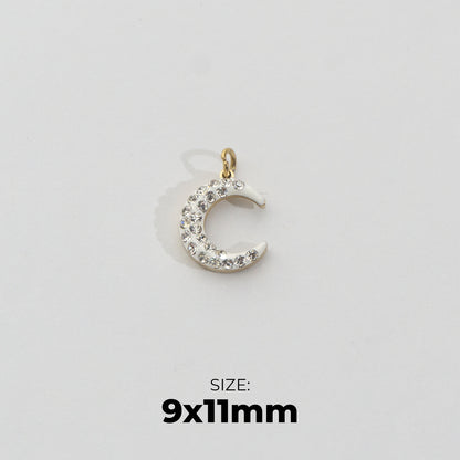 Sparkling White Crescent Moon Charm Stainless Steel PVD Gold Plated Liontin Bulan Sabit Putih Hypoallergenic