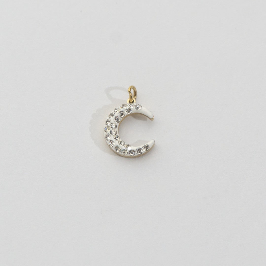 Sparkling White Crescent Moon Charm Stainless Steel PVD Gold Plated Liontin Bulan Sabit Putih Hypoallergenic