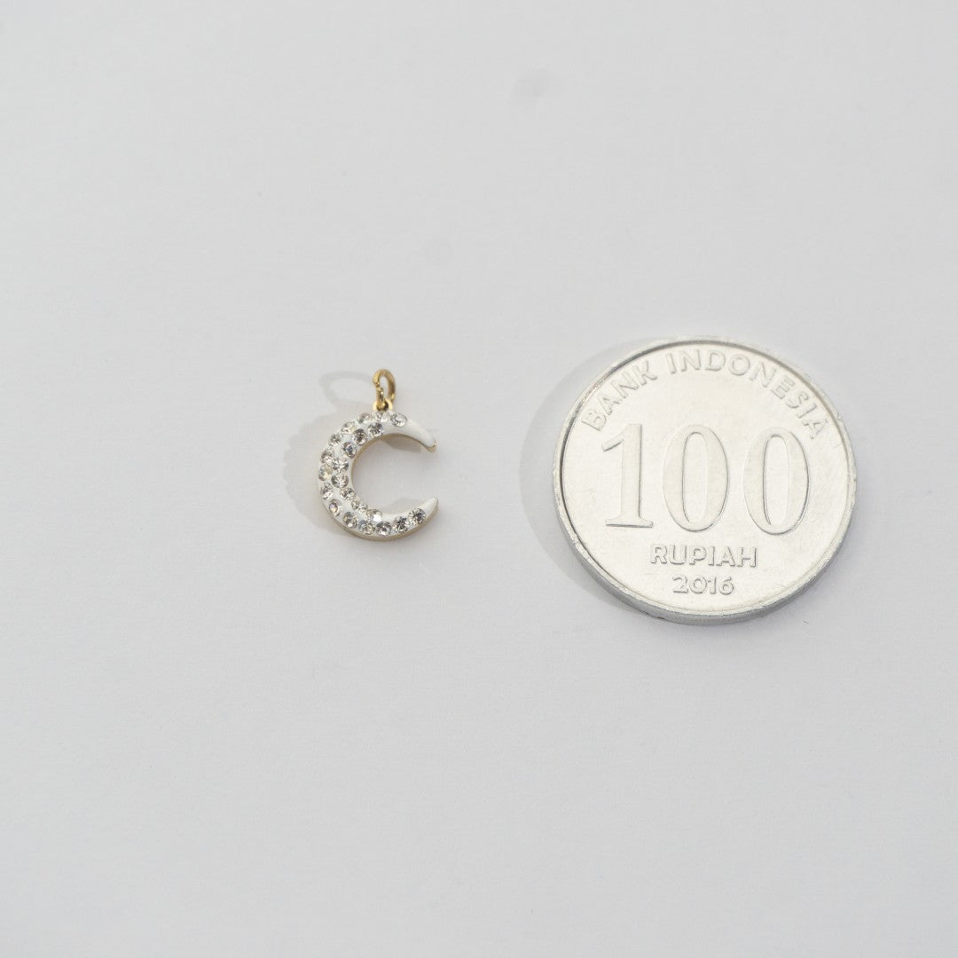 Sparkling White Crescent Moon Charm Stainless Steel PVD Gold Plated Liontin Bulan Sabit Putih Hypoallergenic