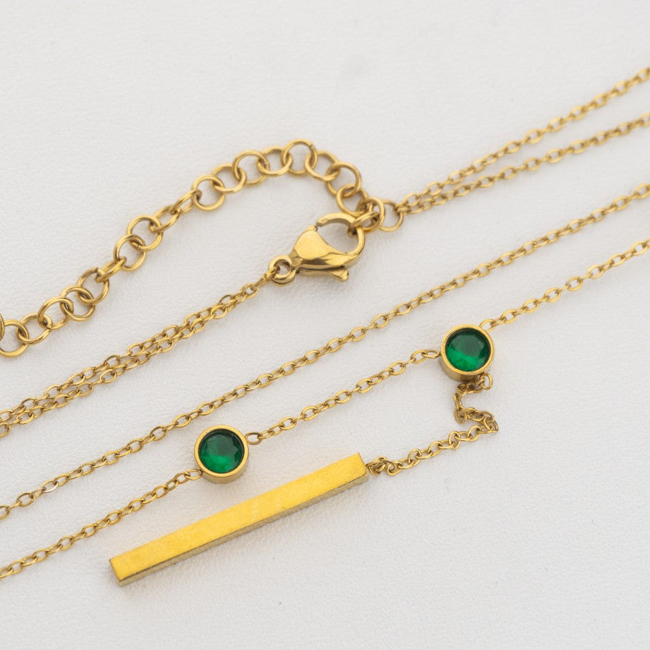 Double Layer Rolo Chain Necklace with Green Round Charm Stainless Steel PVD Gold Plated Rantai 2 Layer Hypoallergenic