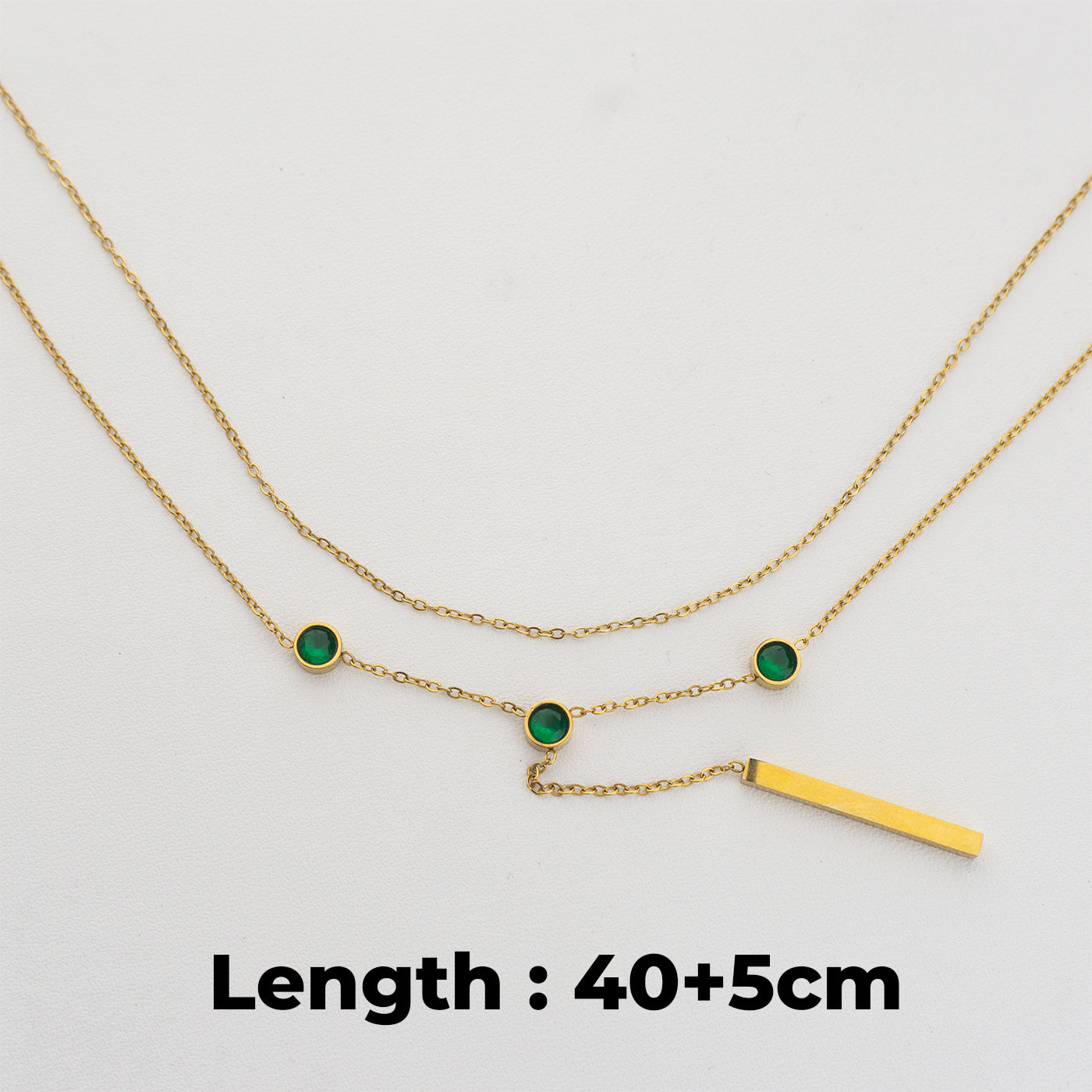 Double Layer Rolo Chain Necklace with Green Round Charm Stainless Steel PVD Gold Plated Rantai 2 Layer Hypoallergenic
