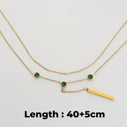 Double Layer Rolo Chain Necklace with Green Round Charm Stainless Steel PVD Gold Plated Rantai 2 Layer Hypoallergenic