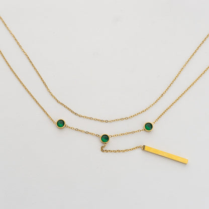 Double Layer Rolo Chain Necklace with Green Round Charm Stainless Steel PVD Gold Plated Rantai 2 Layer Hypoallergenic