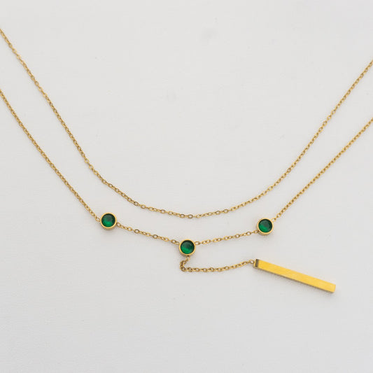 Double Layer Rolo Chain Necklace with Green Round Charm Stainless Steel PVD Gold Plated Rantai 2 Layer Hypoallergenic