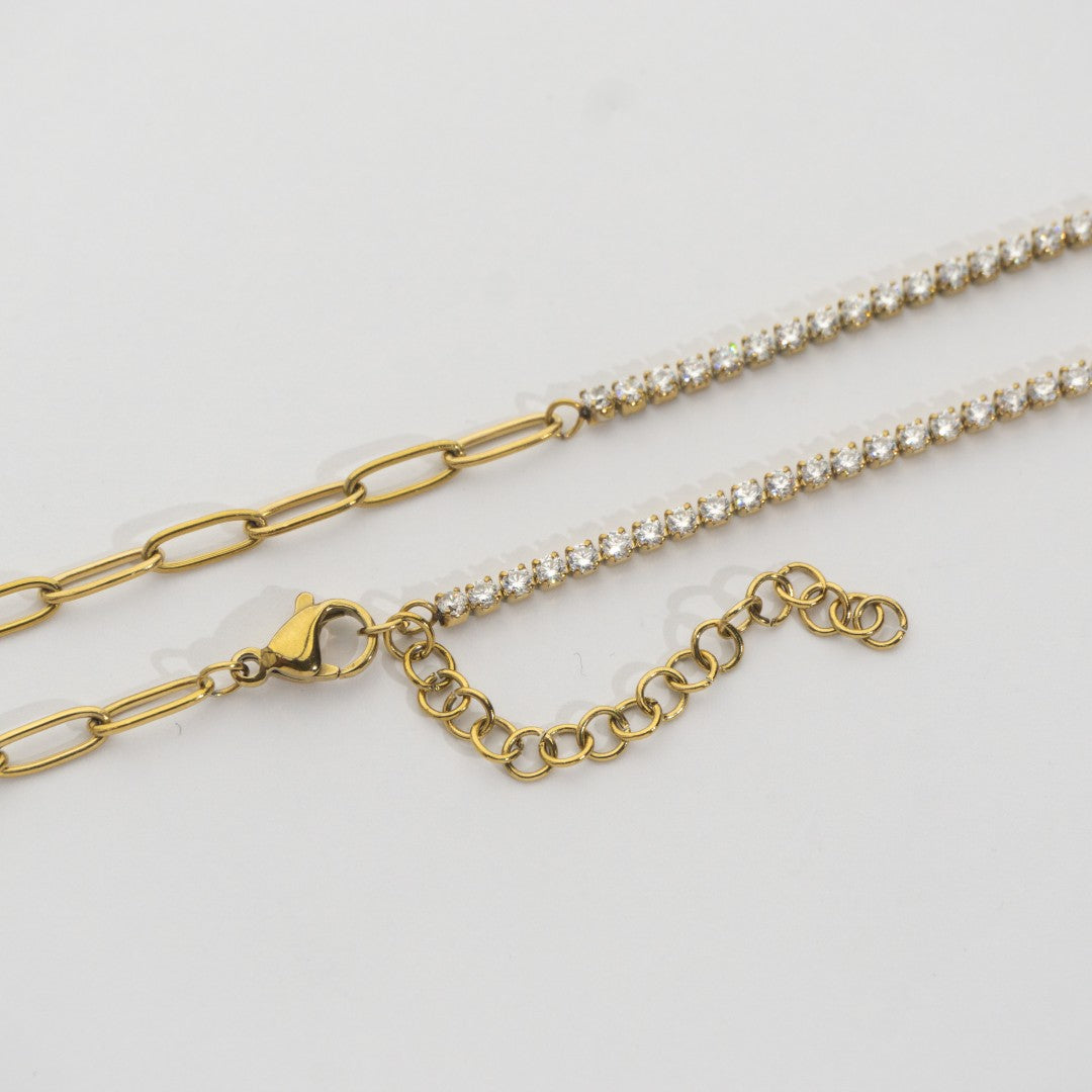 Asymmetric Tennis & Paperclip Chain Necklace Stainless Steel PVD Gold Plated Rantai Kalung 2 Model Hypoallergenic