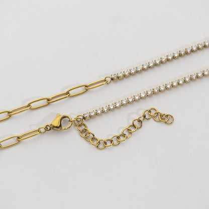 Asymmetric Tennis & Paperclip Chain Necklace Stainless Steel PVD Gold Plated Rantai Kalung 2 Model Hypoallergenic