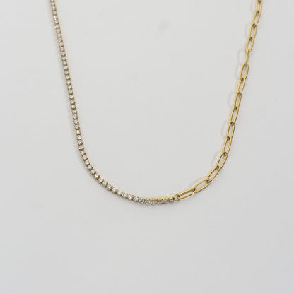Asymmetric Tennis & Paperclip Chain Necklace Stainless Steel PVD Gold Plated Rantai Kalung 2 Model Hypoallergenic