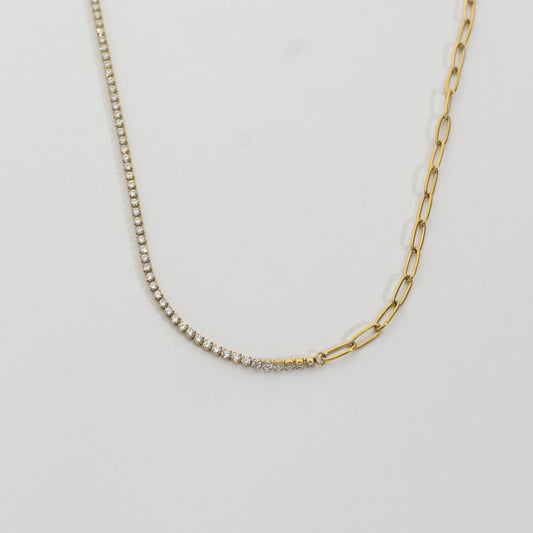 Asymmetric Tennis & Paperclip Chain Necklace Stainless Steel PVD Gold Plated Rantai Kalung 2 Model Hypoallergenic