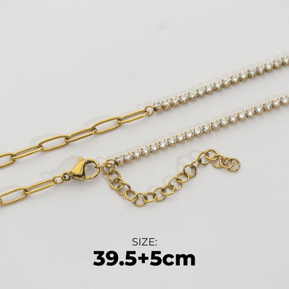 Asymmetric Tennis & Paperclip Chain Necklace Stainless Steel PVD Gold Plated Rantai Kalung 2 Model Hypoallergenic