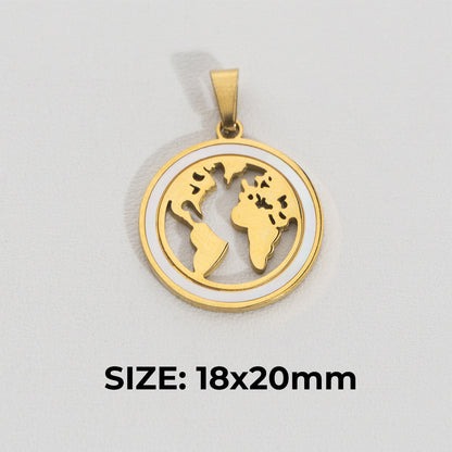 Round Globe Map Pendant Stainless Steel PVD Gold Plated Liontin Peta Hypoallergenic