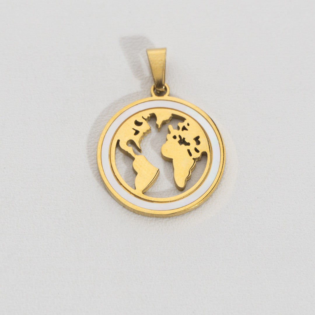 Round Globe Map Pendant Stainless Steel PVD Gold Plated Liontin Peta Hypoallergenic