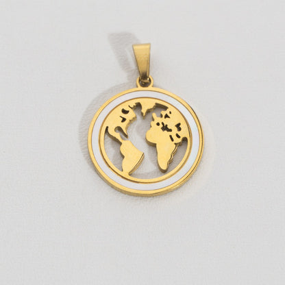 Round Globe Map Pendant Stainless Steel PVD Gold Plated Liontin Peta Hypoallergenic