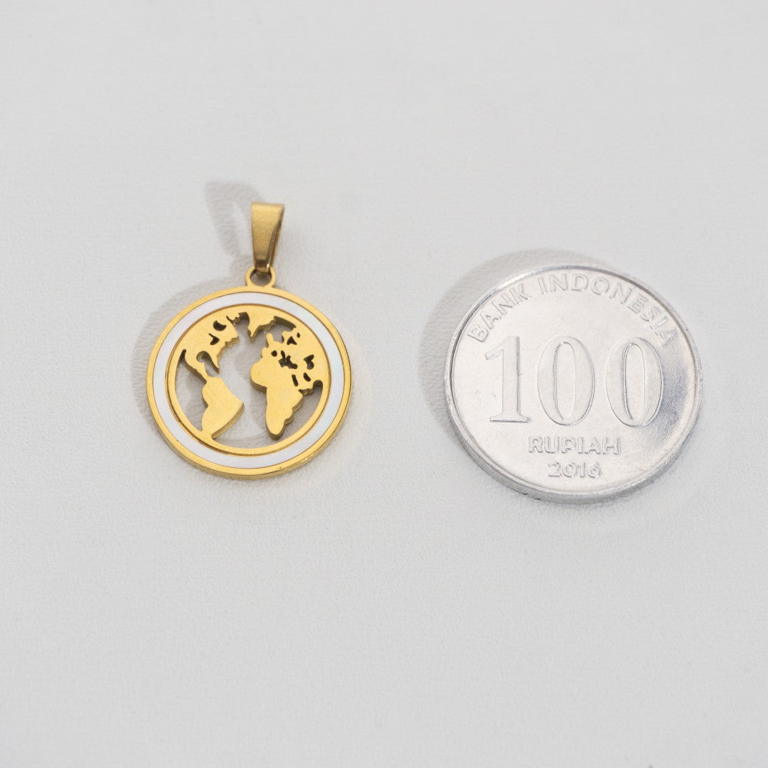 Round Globe Map Pendant Stainless Steel PVD Gold Plated Liontin Peta Hypoallergenic
