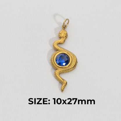 Blue Sapphire Snake Pendant Stainless Steel PVD Gold Plated Liontin Ular Biru Hypoallergenic