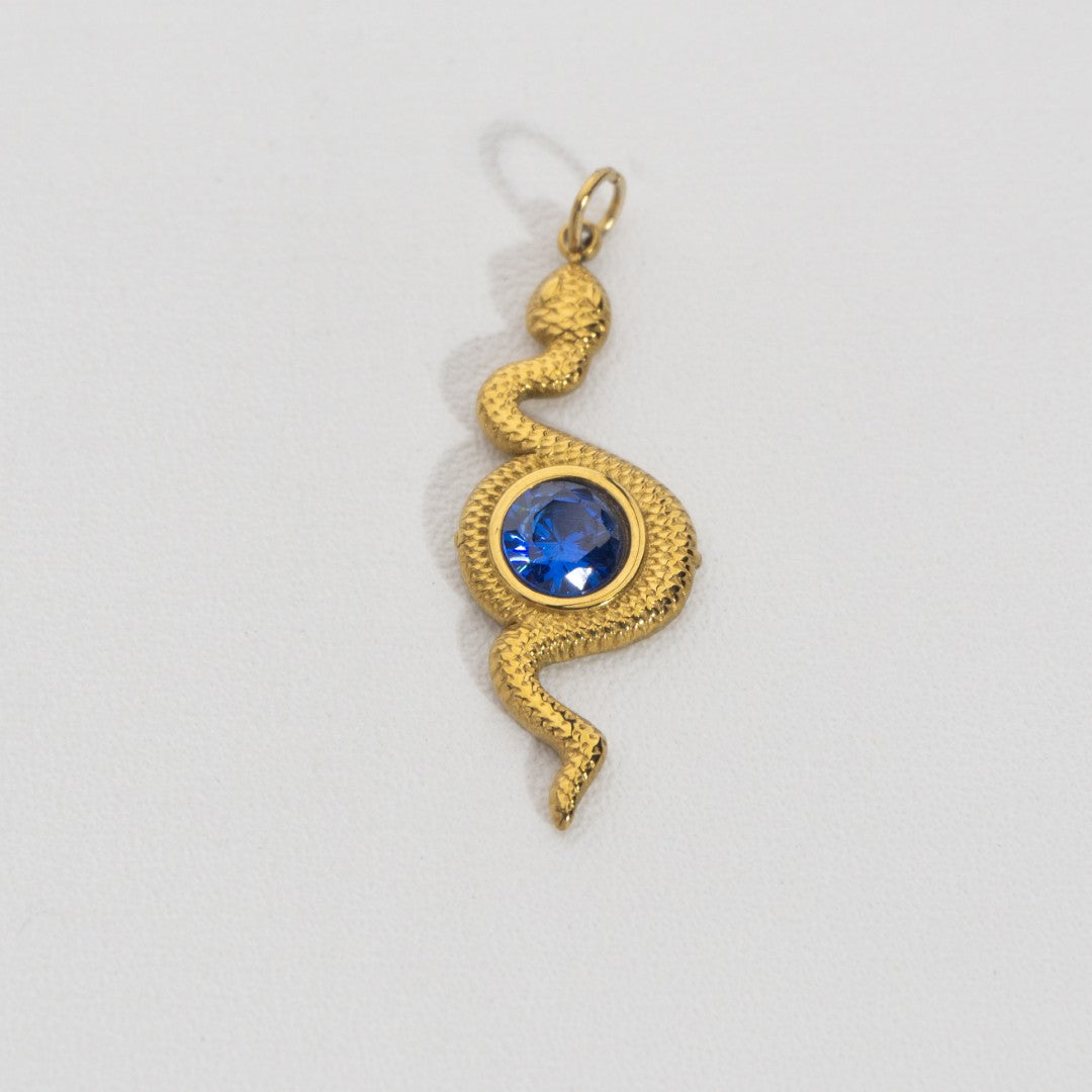 Blue Sapphire Snake Pendant Stainless Steel PVD Gold Plated Liontin Ular Biru Hypoallergenic