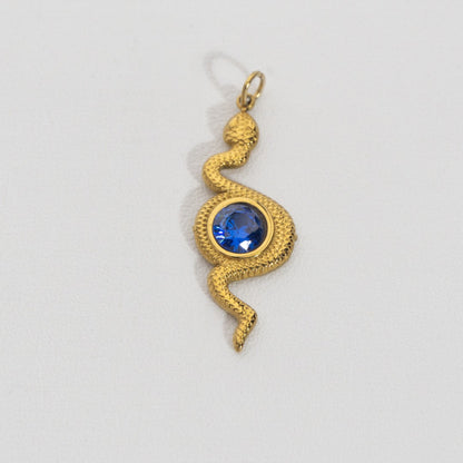 Blue Sapphire Snake Pendant Stainless Steel PVD Gold Plated Liontin Ular Biru Hypoallergenic