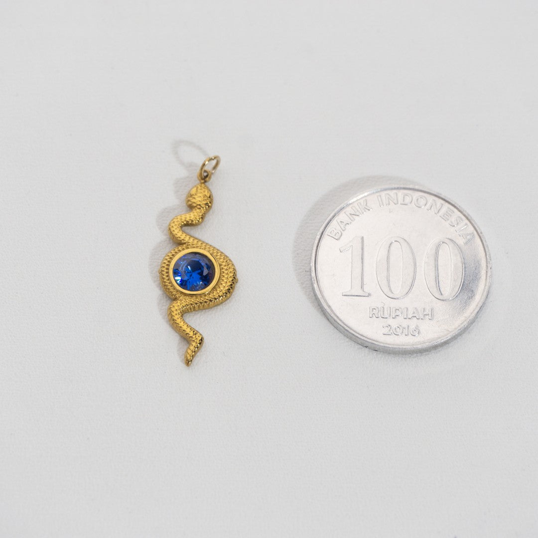 Blue Sapphire Snake Pendant Stainless Steel PVD Gold Plated Liontin Ular Biru Hypoallergenic
