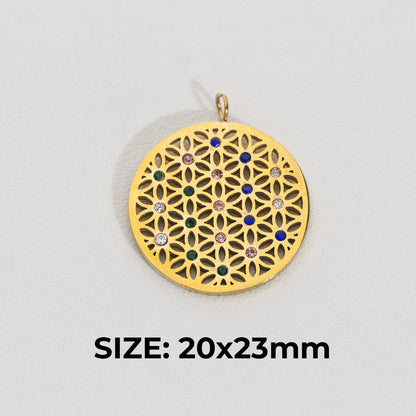 Colorful Flower Circle Pendant Stainless Steel PVD Gold Plated Liontin Bulat Warna-Warni Hypoallergenic
