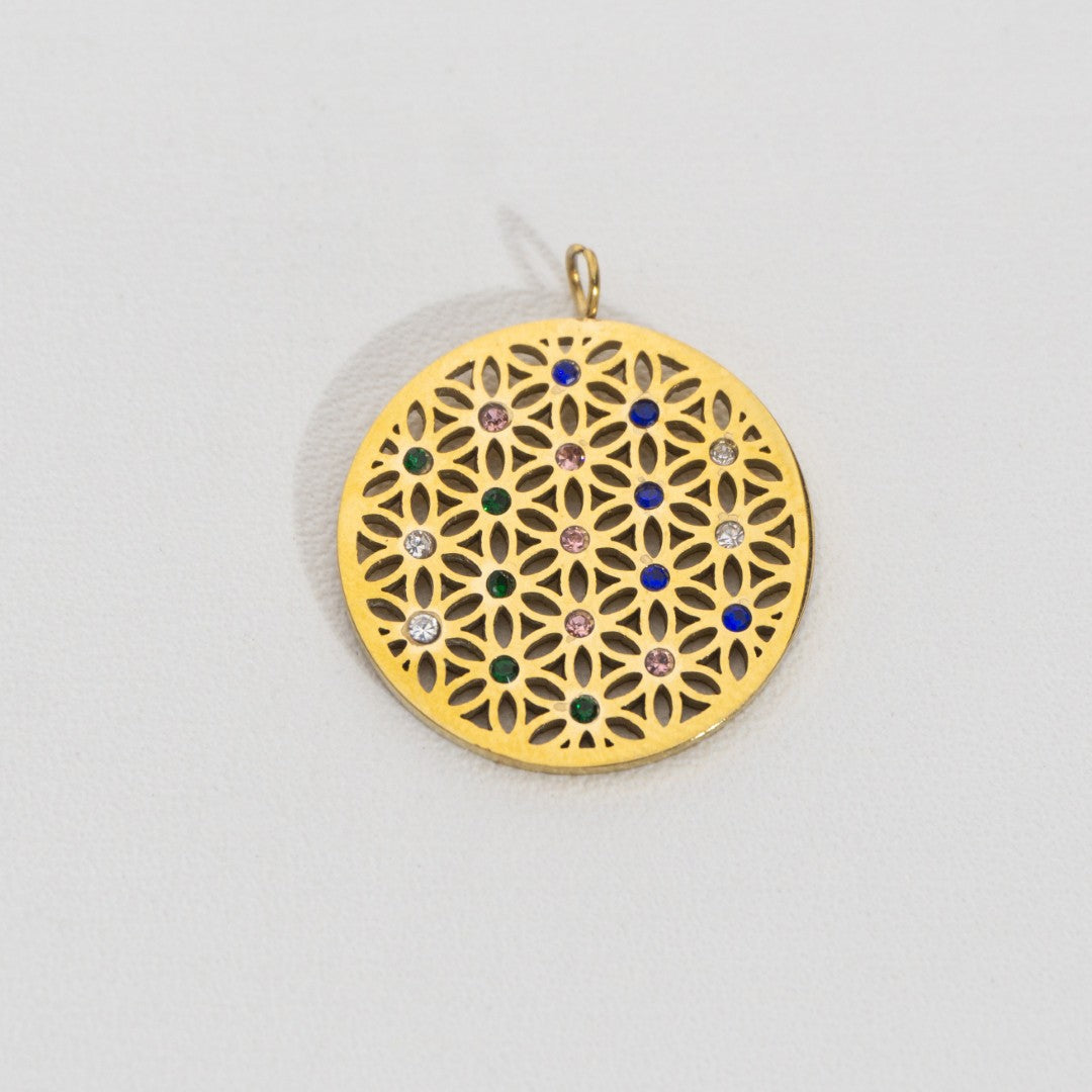 Colorful Flower Circle Pendant Stainless Steel PVD Gold Plated Liontin Bulat Warna-Warni Hypoallergenic