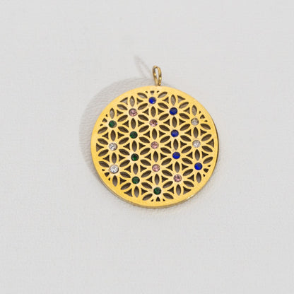 Colorful Flower Circle Pendant Stainless Steel PVD Gold Plated Liontin Bulat Warna-Warni Hypoallergenic