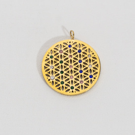 Colorful Flower Circle Pendant Stainless Steel PVD Gold Plated Liontin Bulat Warna-Warni Hypoallergenic
