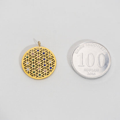 Colorful Flower Circle Pendant Stainless Steel PVD Gold Plated Liontin Bulat Warna-Warni Hypoallergenic