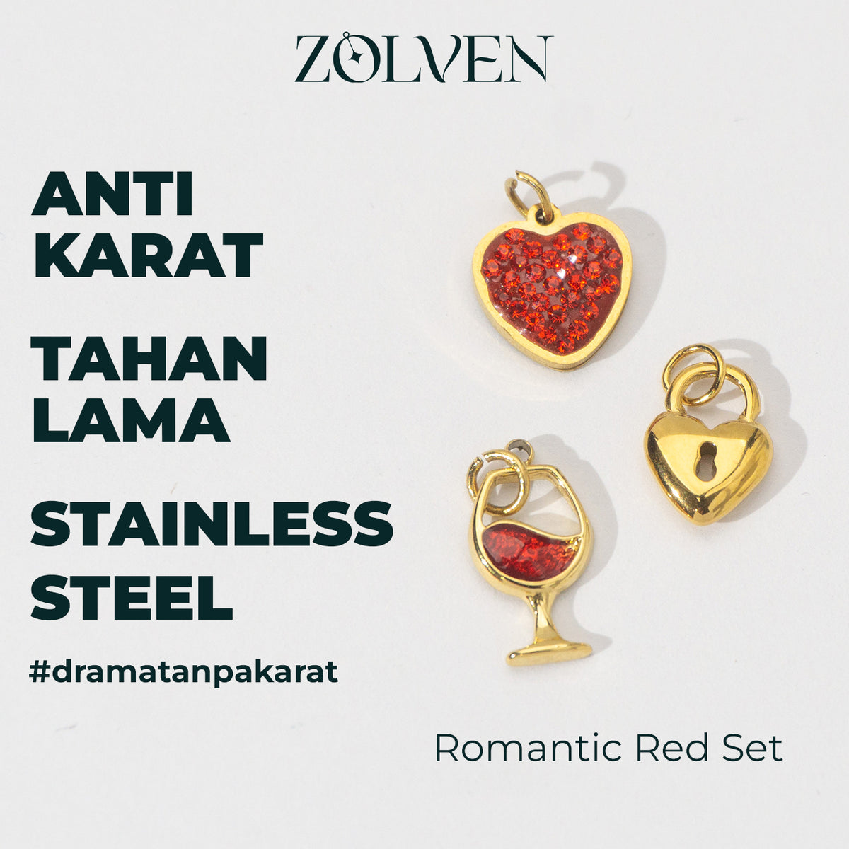 Romantic Red Elegant Set Collection Charm Stainless Steel PVD Gold Plated Set Liontin Merah Elegan Hypoallergenic