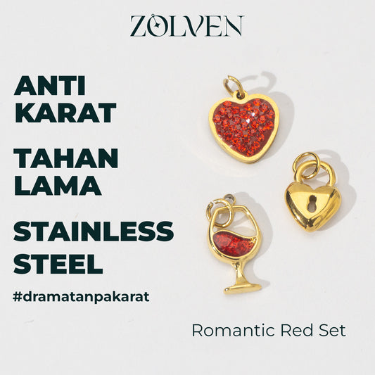 Romantic Red Elegant Set Collection Charm Stainless Steel PVD Gold Plated Set Liontin Merah Elegan Hypoallergenic