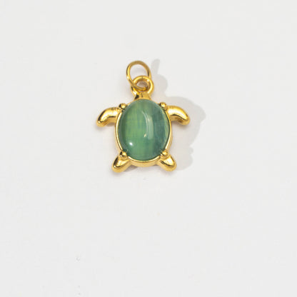 (16mm) Ocean Turtle Gemstone Charm Stainless Steel PVD Gold Plated Liontin Kura - Kura Laut Hypoallergenic