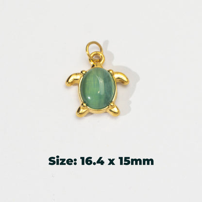 (16mm) Ocean Turtle Gemstone Charm Stainless Steel PVD Gold Plated Liontin Kura - Kura Laut Hypoallergenic