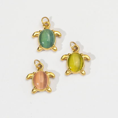 (16mm) Ocean Turtle Gemstone Charm Stainless Steel PVD Gold Plated Liontin Kura - Kura Laut Hypoallergenic