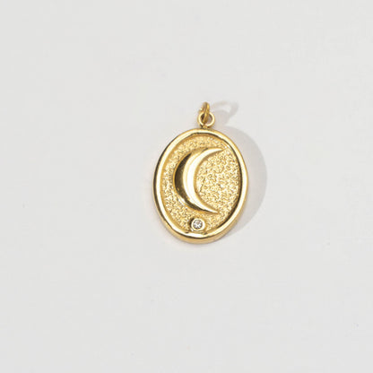 (18mm) Solitaire Cubic Zirconia Celestial Moon Oval Medallion Charm Stainless Steel PVD Gold Plated Liontin Bulan Hypoallergenic