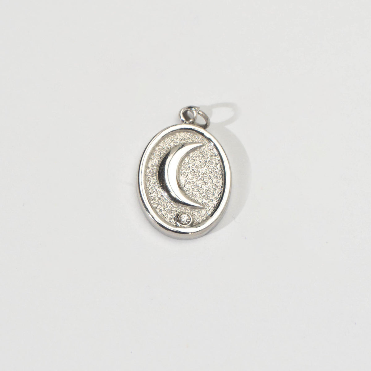 (18mm) Solitaire Cubic Zirconia Celestial Moon Oval Medallion Charm Stainless Steel PVD Gold Plated Liontin Bulan Hypoallergenic